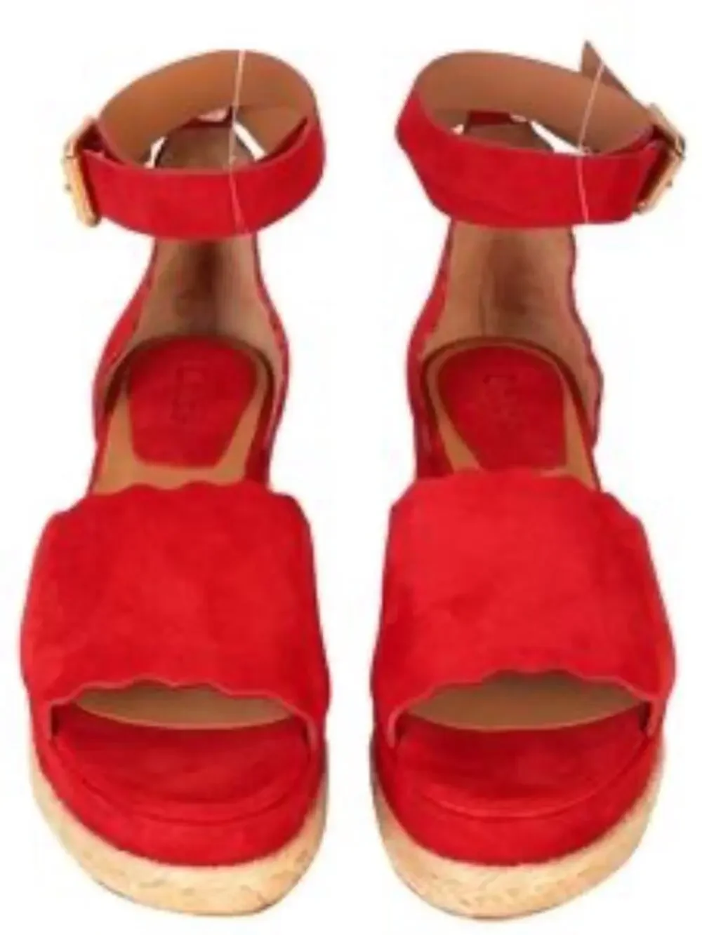 Chloe Lauren Red Suede Scalloped Espadrille Wedge Sandals Size 37